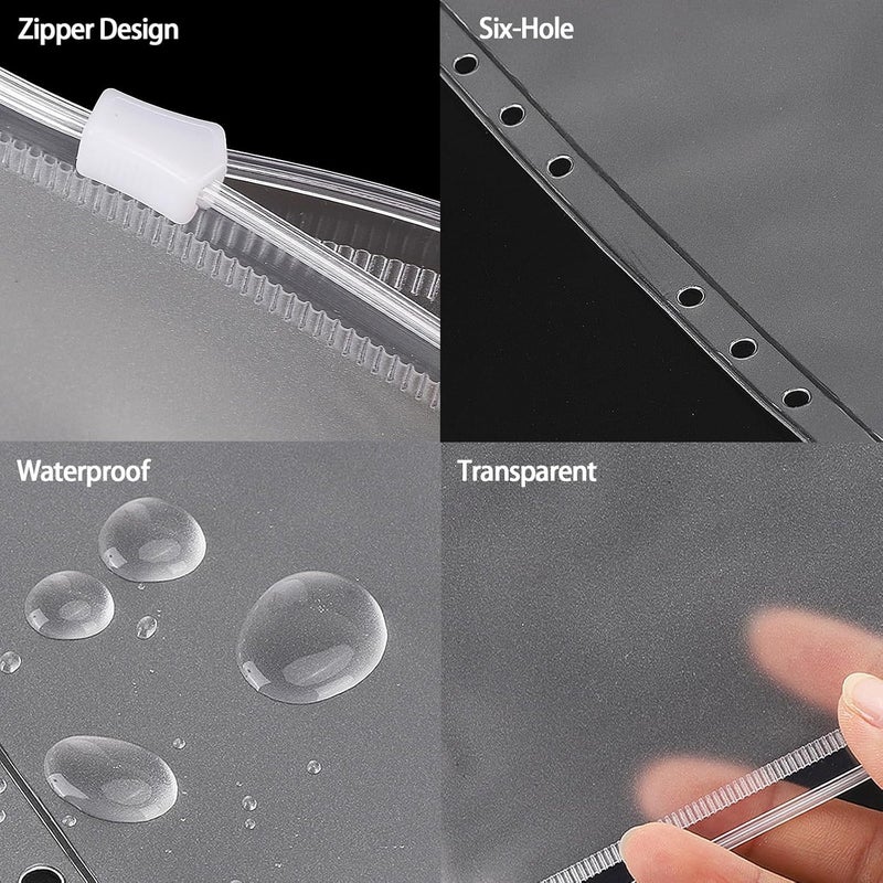 acDesign 24 Pcs Binder Pocket A6 Binder Pockets 6 Holes Zipper Folders Waterproof PVC Document Pouch Filing Bags(Clear) - Image 2